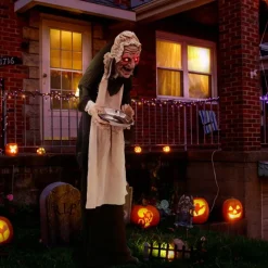 Costway 5.2 FT Halloween Animated Standing Greeter Old Lady with Candy Dish & LED Eyes