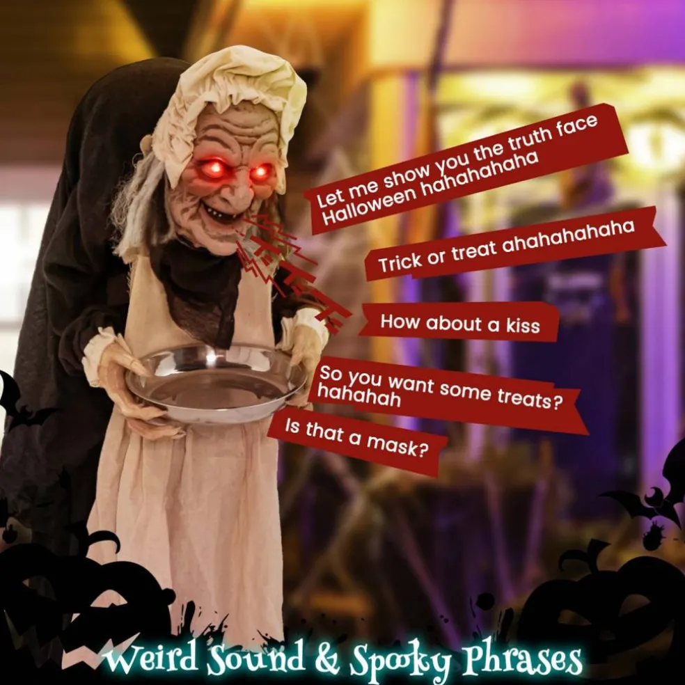 Costway 5.2 FT Halloween Animated Standing Greeter Old Lady with Candy Dish & LED Eyes