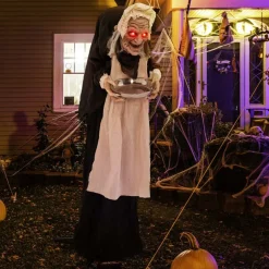 Costway 5.2 FT Halloween Animated Standing Greeter Old Lady with Candy Dish & LED Eyes