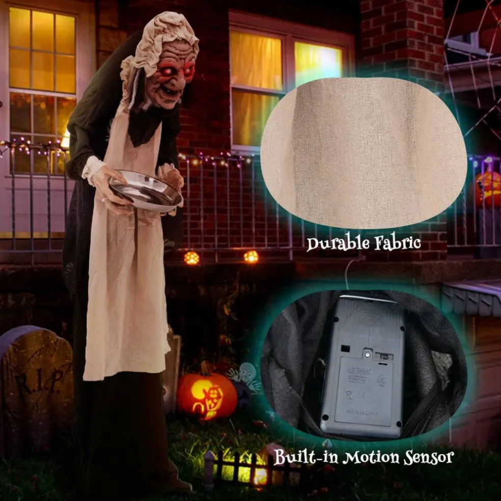 Costway 5.2 FT Halloween Animated Standing Greeter Old Lady with Candy Dish & LED Eyes