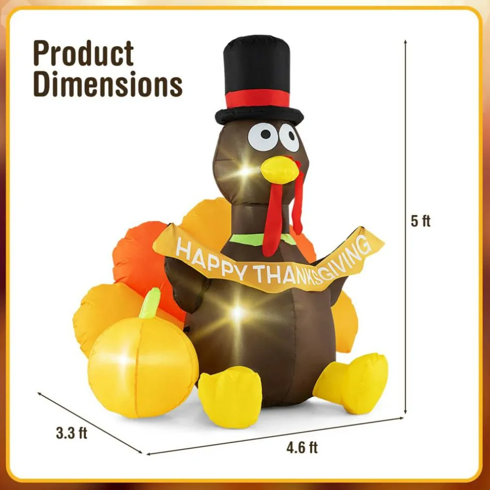 Costway 5 FT Inflatable Turkey Thanksgiving Decoration with Pumpkin Blow up LED Lights