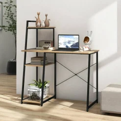 Costway Home Office Desk with Bookshelf Host Stand Metal Frame Study Writing Desk