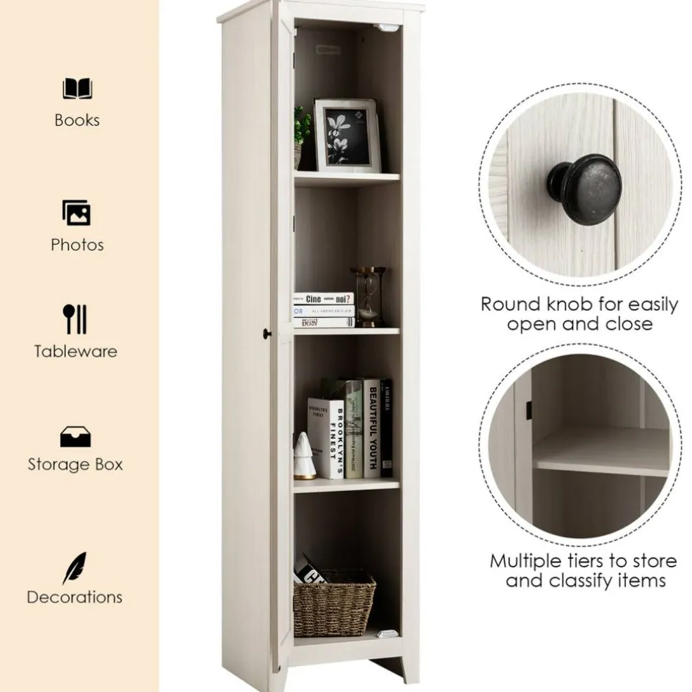 Costway Linen Tower Bathroom Storage Cabinet Tall Slim Side Organizer w/ Shelf White BlackWalnut