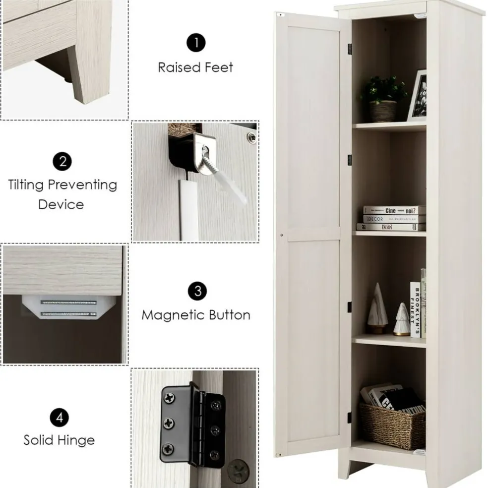 Costway Linen Tower Bathroom Storage Cabinet Tall Slim Side Organizer w/ Shelf White BlackWalnut