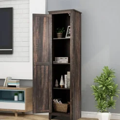 Costway Linen Tower Bathroom Storage Cabinet Tall Slim Side Organizer w/ Shelf White BlackWalnut