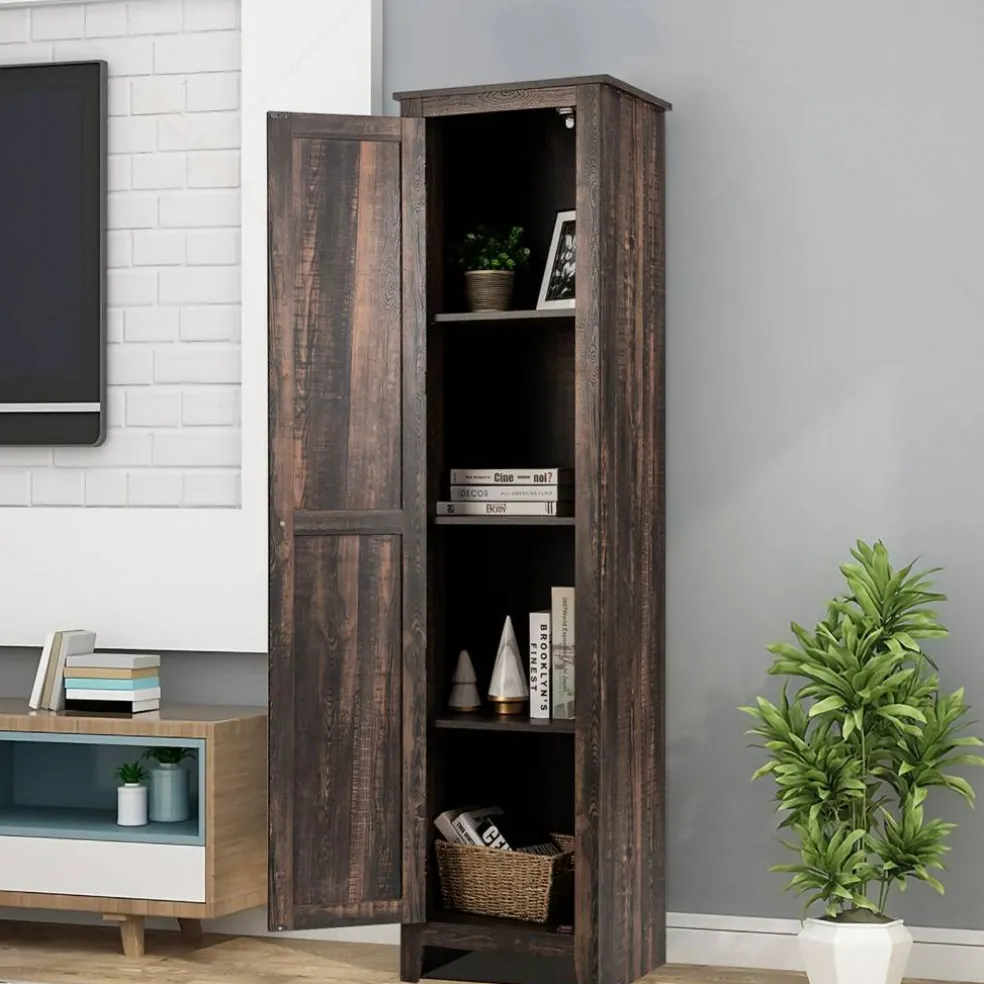 Costway Linen Tower Bathroom Storage Cabinet Tall Slim Side Organizer w/ Shelf White BlackWalnut