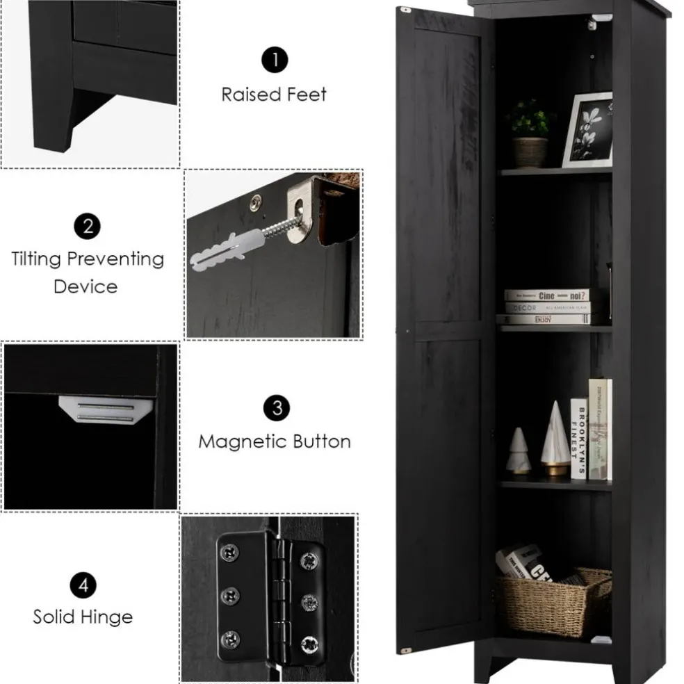 Costway Linen Tower Bathroom Storage Cabinet Tall Slim Side Organizer w/ Shelf White BlackWalnut