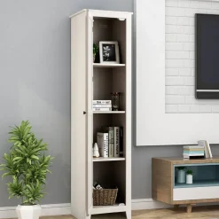 Costway Linen Tower Bathroom Storage Cabinet Tall Slim Side Organizer w/ Shelf White BlackWalnut