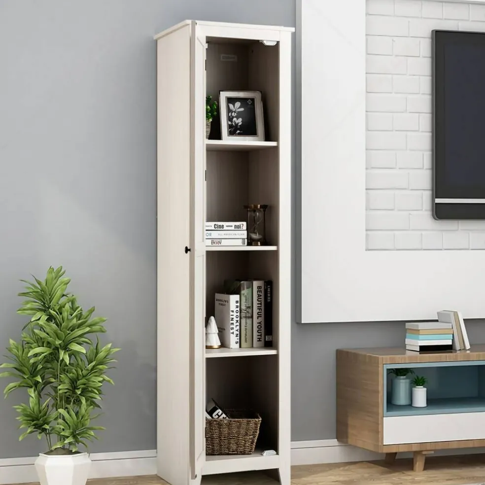 Costway Linen Tower Bathroom Storage Cabinet Tall Slim Side Organizer w/ Shelf White BlackWalnut