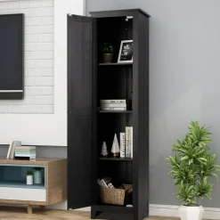 Costway Linen Tower Bathroom Storage Cabinet Tall Slim Side Organizer w/ Shelf White BlackWalnut