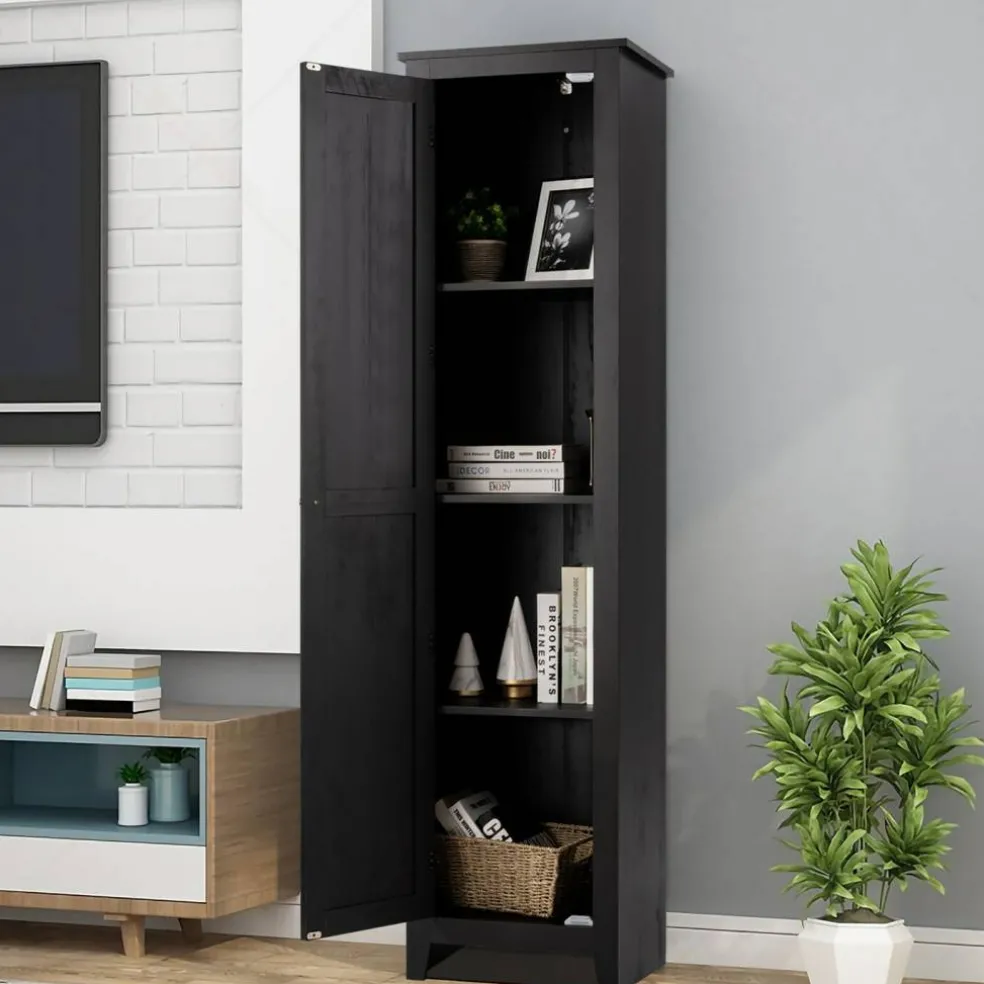 Costway Linen Tower Bathroom Storage Cabinet Tall Slim Side Organizer w/ Shelf White BlackWalnut