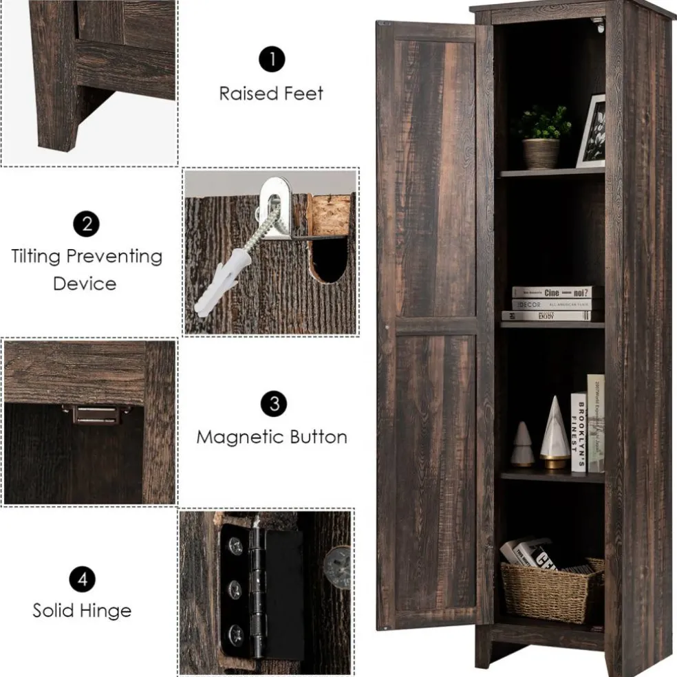 Costway Linen Tower Bathroom Storage Cabinet Tall Slim Side Organizer w/ Shelf White BlackWalnut