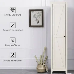 Costway Linen Tower Bathroom Storage Cabinet Tall Slim Side Organizer w/ Shelf White BlackWalnut