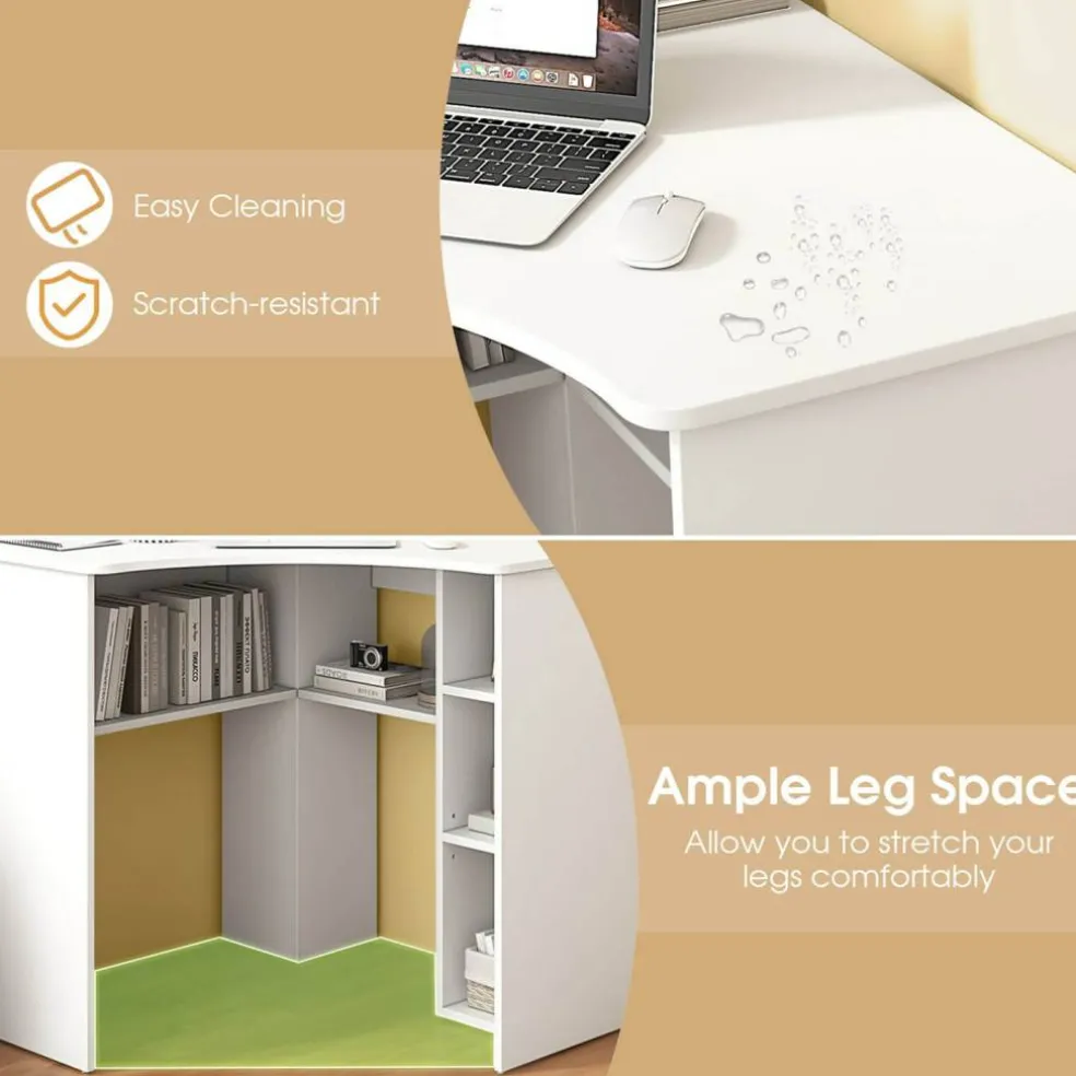 Costway L-Shaped Computer Desk with Storage Shelves Adjustable Shelf for Home Office Natural/White