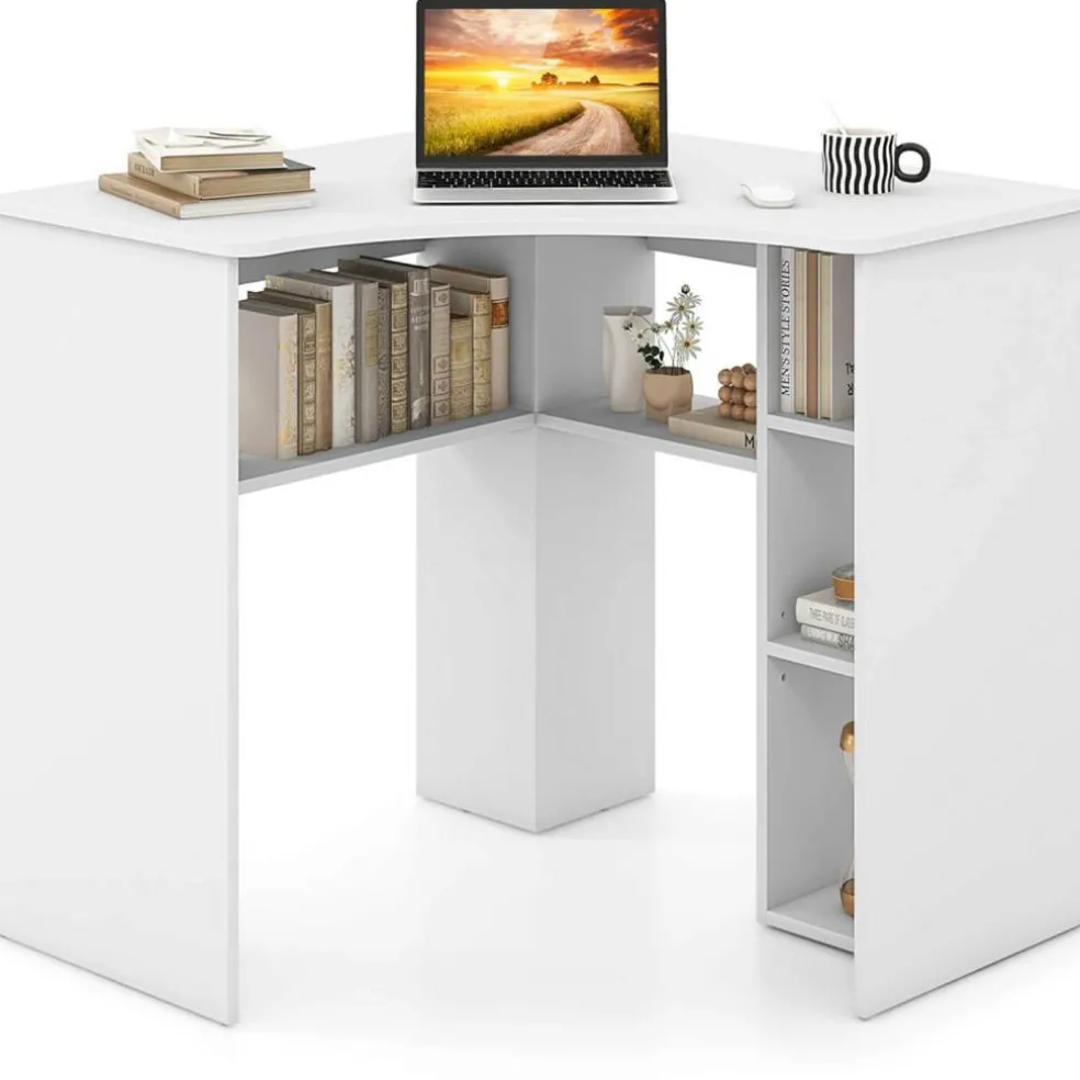 Costway L-Shaped Computer Desk with Storage Shelves Adjustable Shelf for Home Office Natural/White