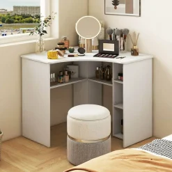 Costway L-Shaped Computer Desk with Storage Shelves Adjustable Shelf for Home Office Natural/White
