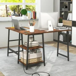 Costway L Shaped Corner Computer Desk Study Table w/Storage Shelves Black/Rustic Brown