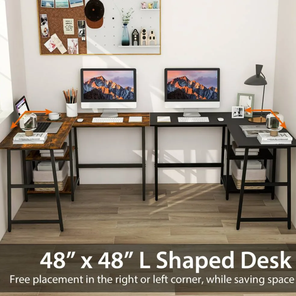 Costway L Shaped Corner Computer Desk Study Table w/Storage Shelves Black/Rustic Brown