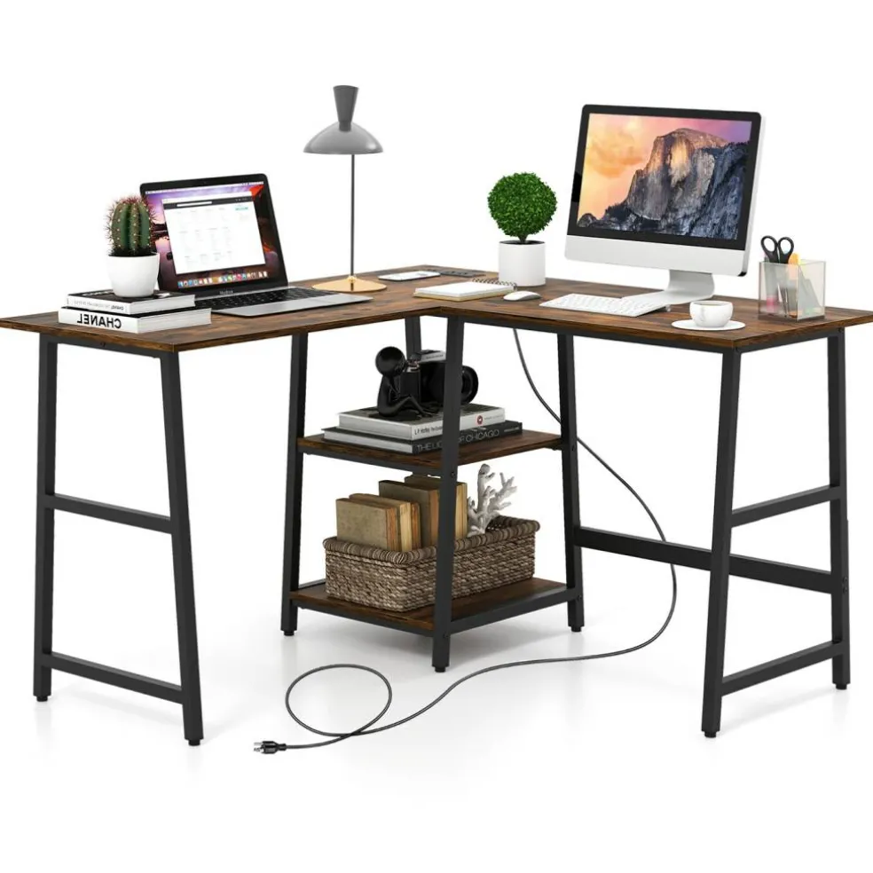 Costway L Shaped Corner Computer Desk Study Table w/Storage Shelves Black/Rustic Brown