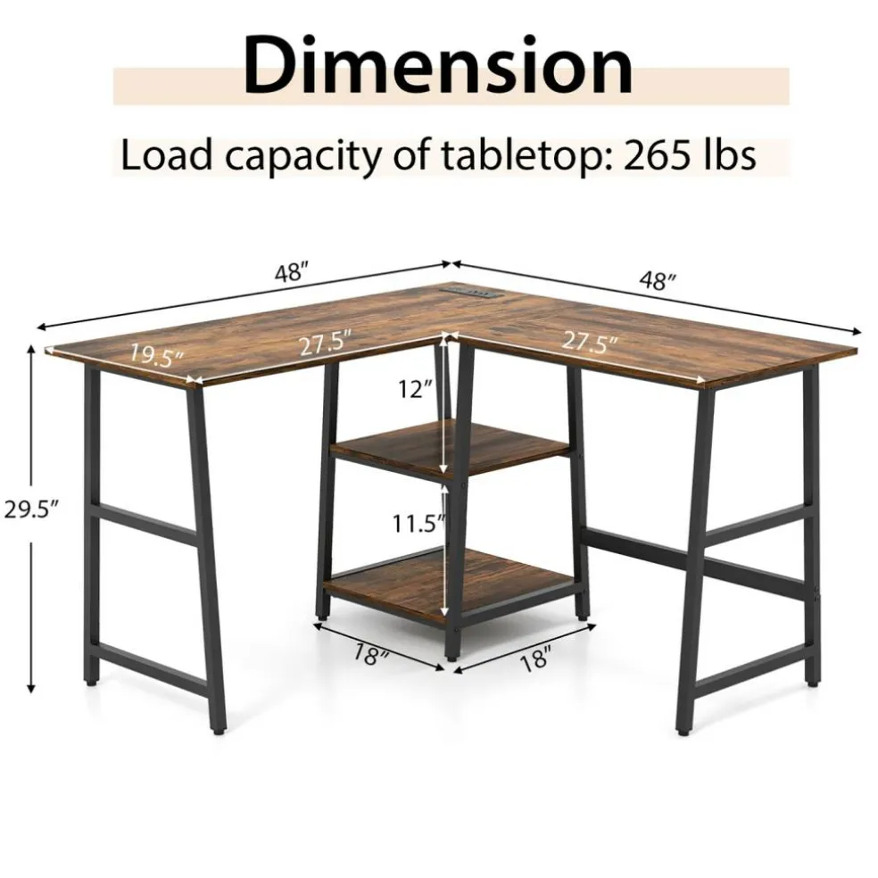 Costway L Shaped Corner Computer Desk Study Table w/Storage Shelves Black/Rustic Brown