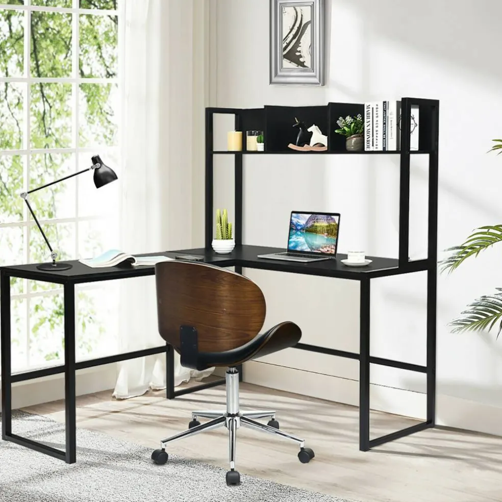 Costway 55'' L-Shaped Desk Corner Computer Desk w/Hutch Black