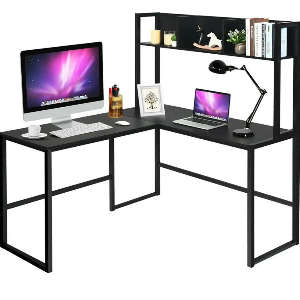 Costway 55'' L-Shaped Desk Corner Computer Desk w/Hutch Black