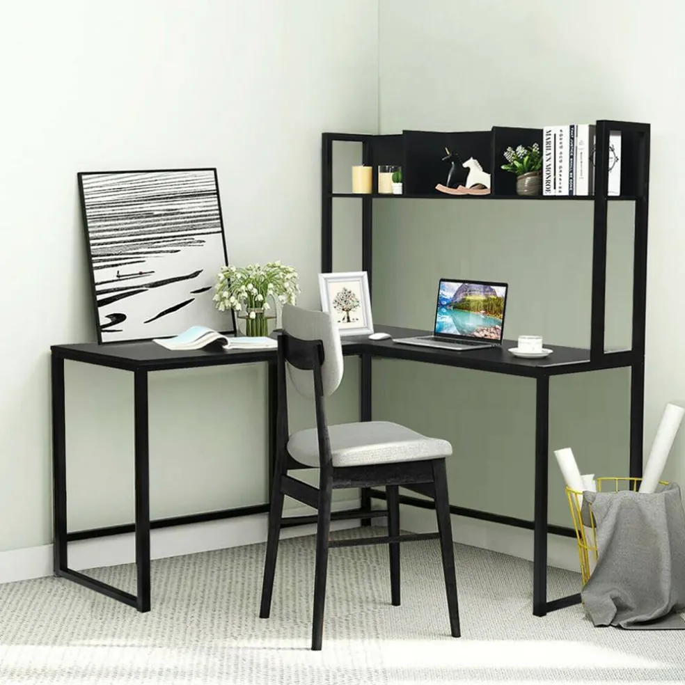 Costway 55'' L-Shaped Desk Corner Computer Desk w/Hutch Black