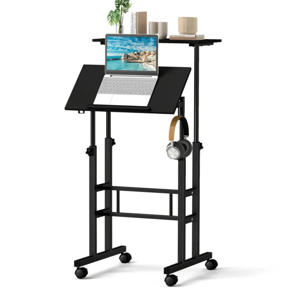 Costway Mobile Standing Desk Rolling Adjustable Laptop Cart Home Office Walnut/Natural/White