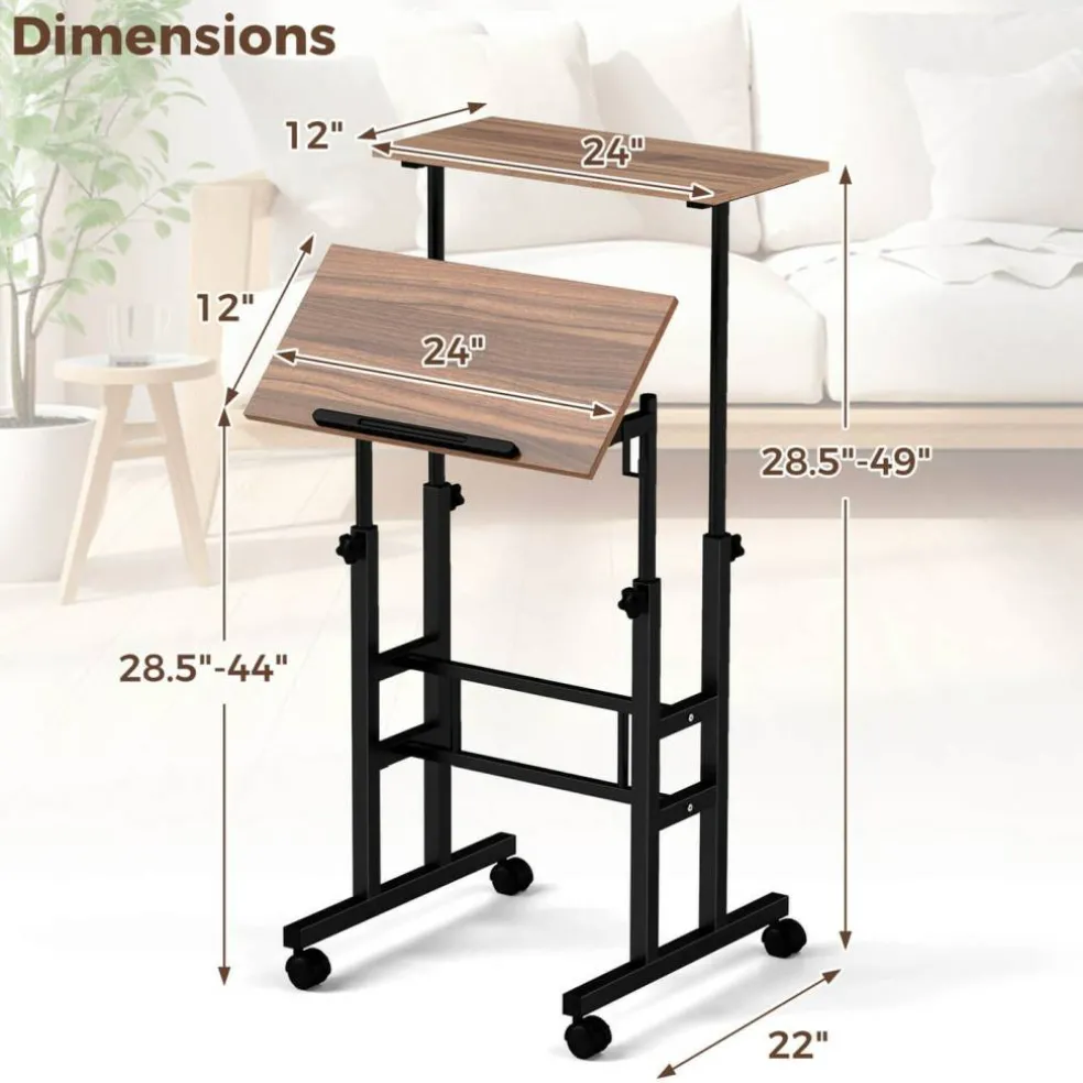 Costway Mobile Standing Desk Rolling Adjustable Laptop Cart Home Office Walnut/Natural/White
