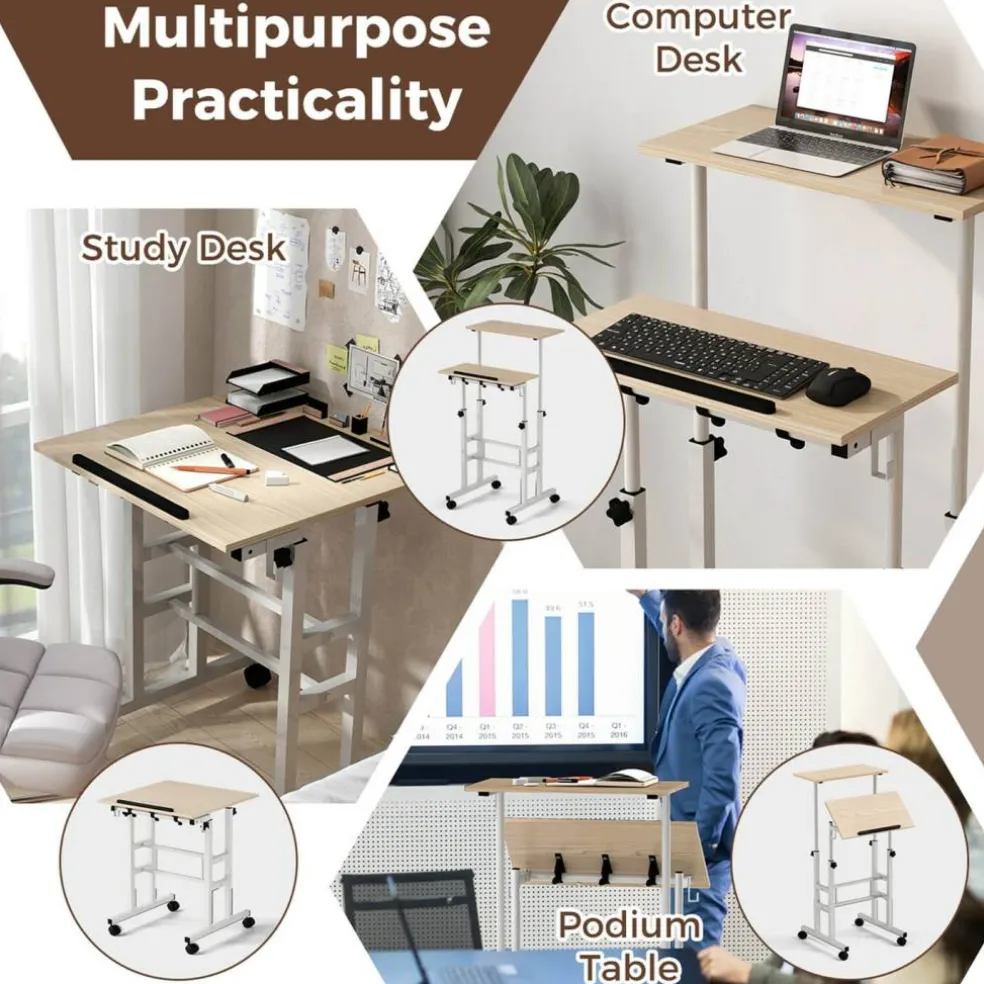Costway Mobile Standing Desk Rolling Adjustable Laptop Cart Home Office Walnut/Natural/White
