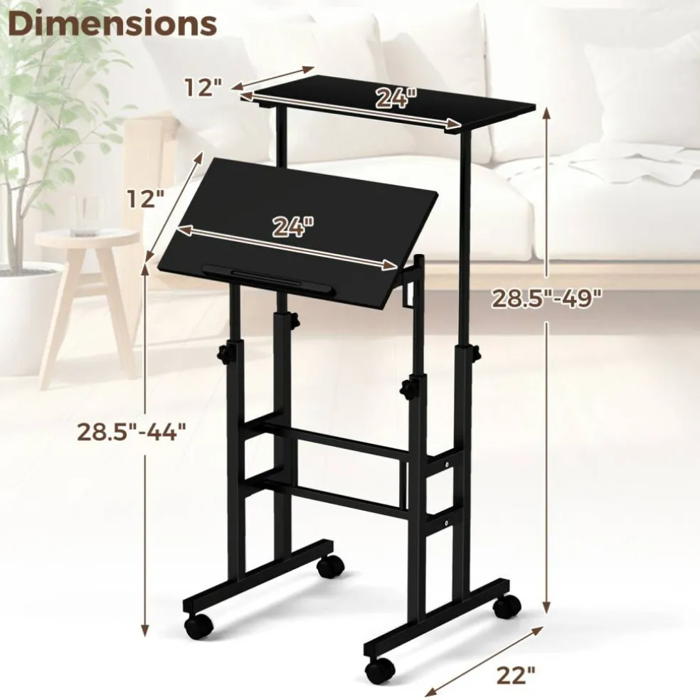 Costway Mobile Standing Desk Rolling Adjustable Laptop Cart Home Office Walnut/Natural/White