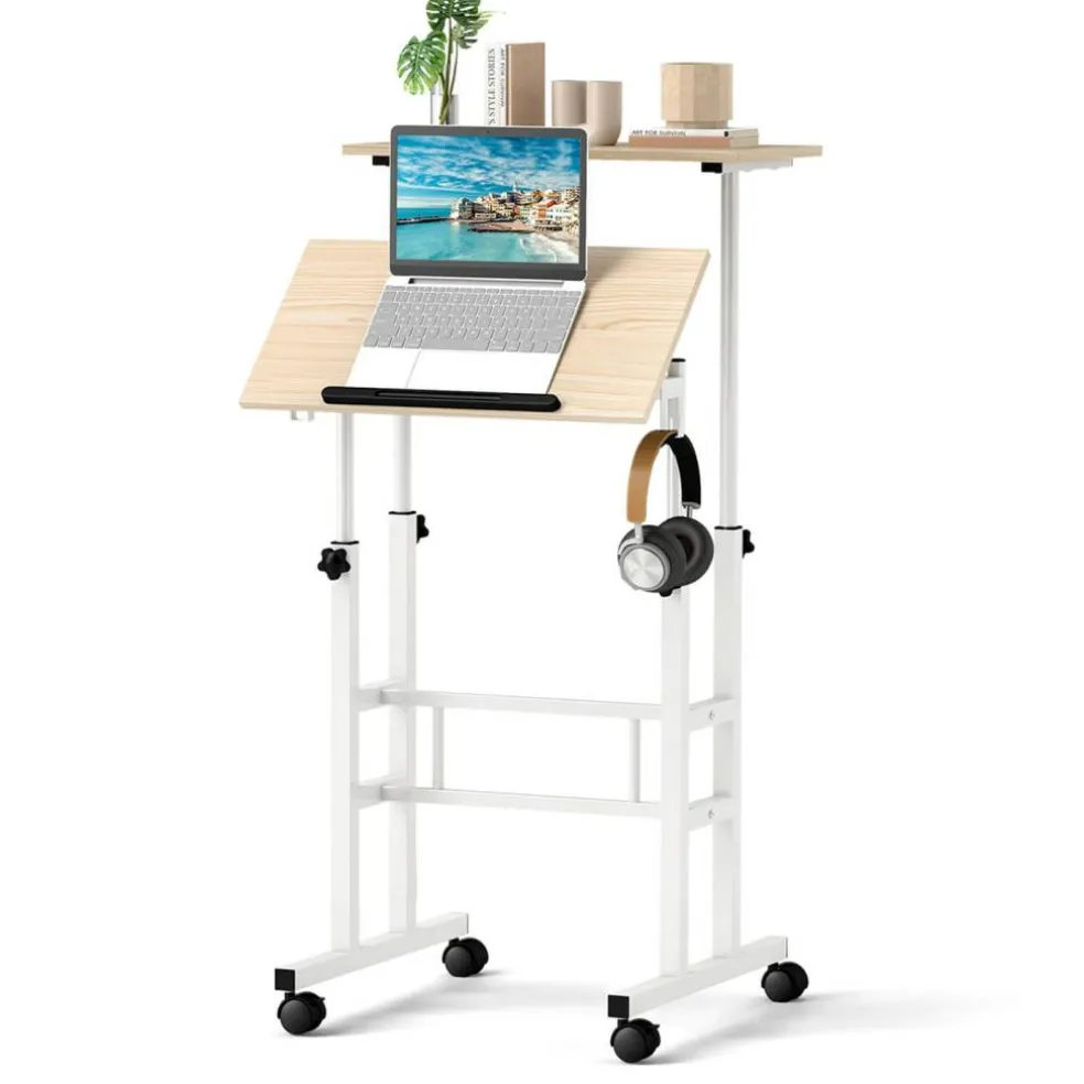 Costway Mobile Standing Desk Rolling Adjustable Laptop Cart Home Office Walnut/Natural/White