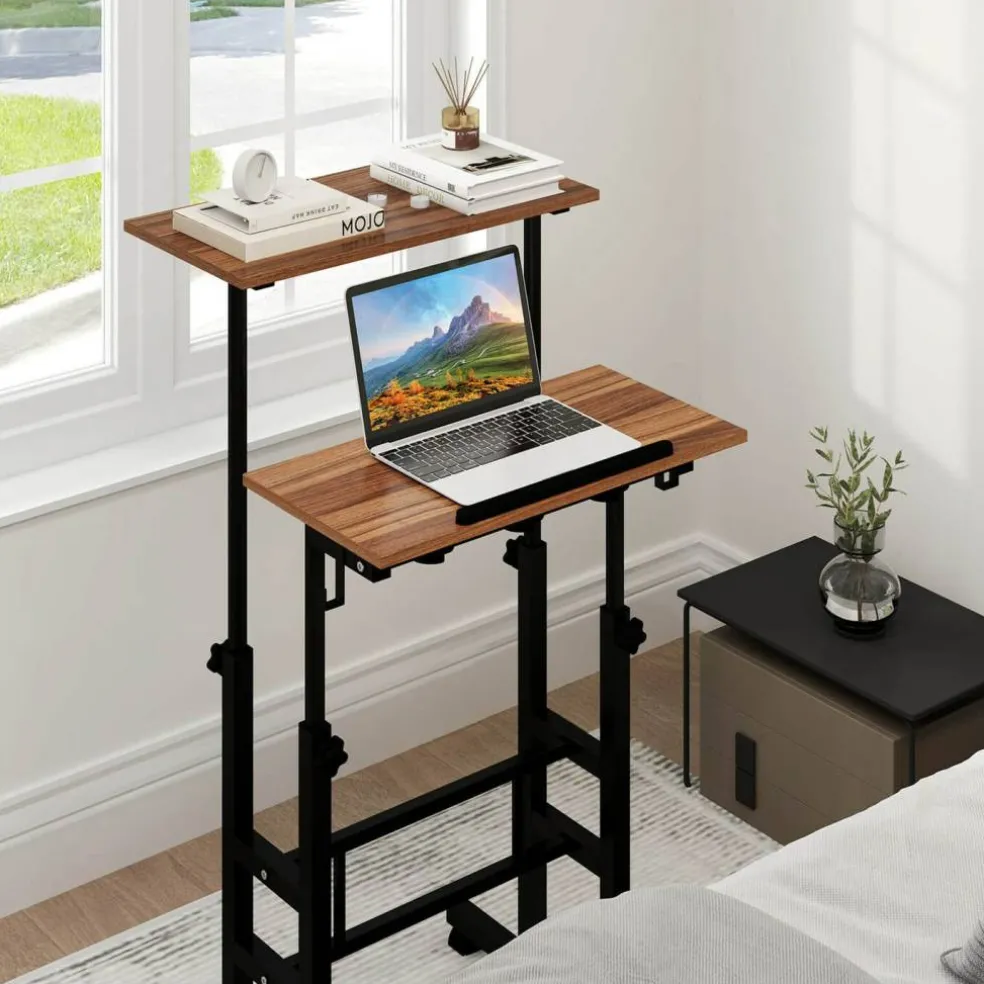 Costway Mobile Standing Desk Rolling Adjustable Laptop Cart Home Office Walnut/Natural/White