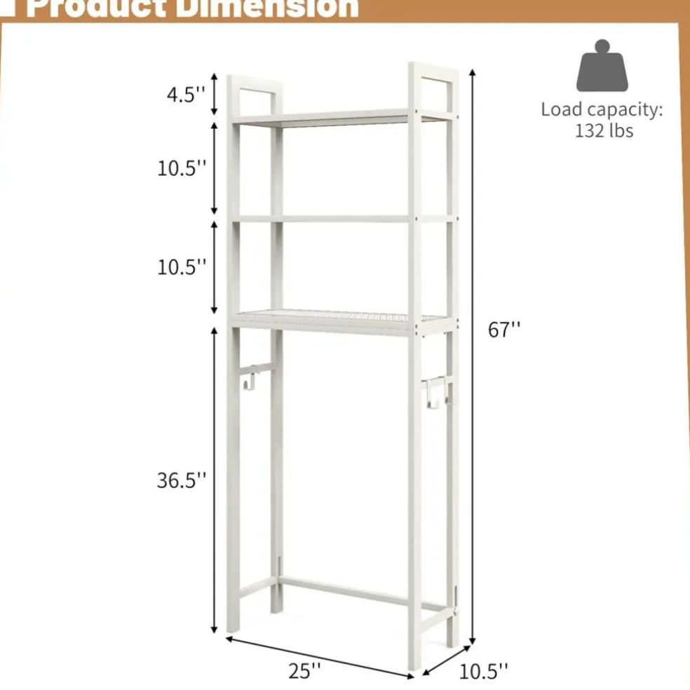 Costway Over-The-Toilet Storage Shelf Space Saving Metal Bathroom Organizer Hooks Grey/White/Brown