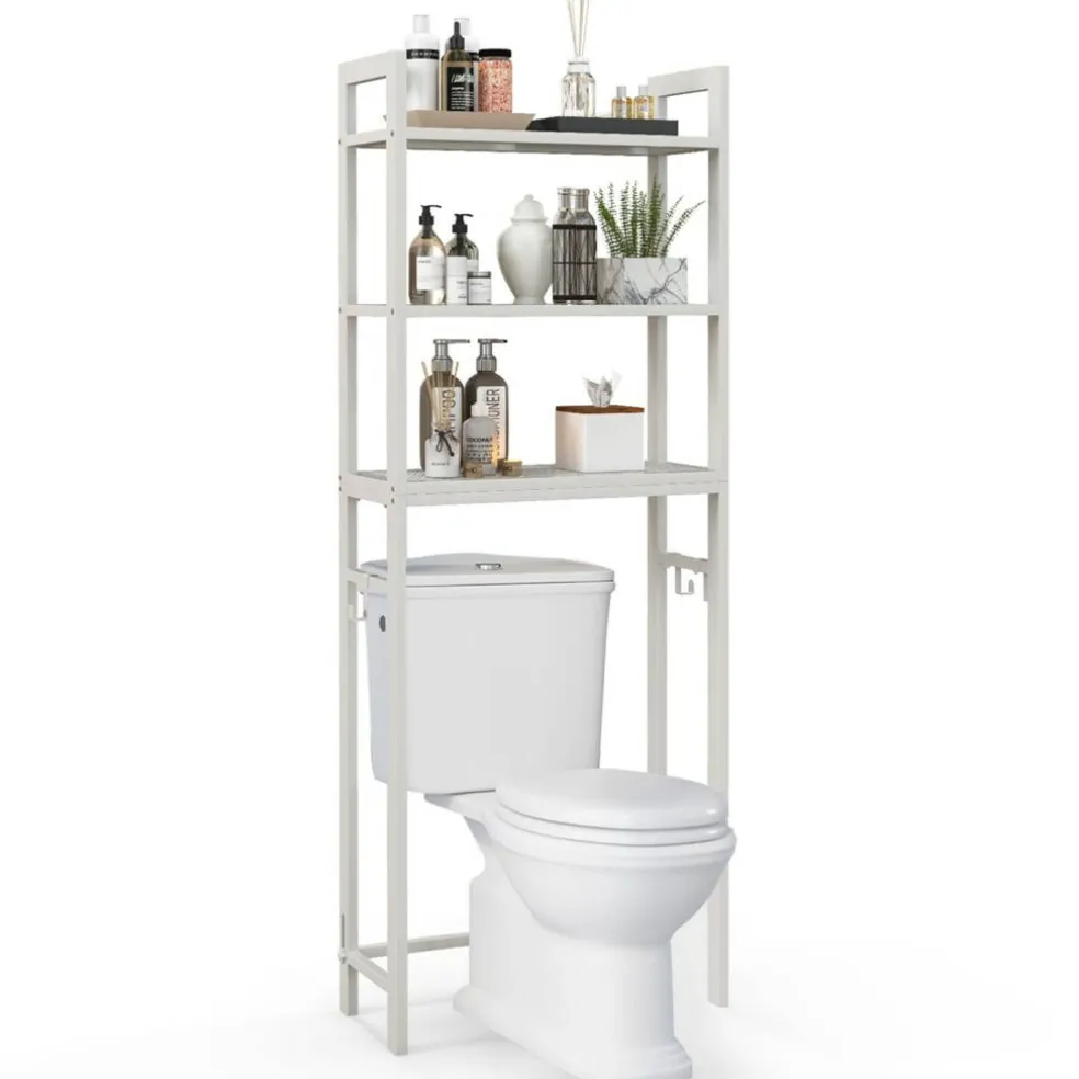 Costway Over-The-Toilet Storage Shelf Space Saving Metal Bathroom Organizer Hooks Grey/White/Brown