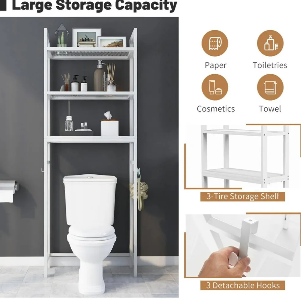 Costway Over-The-Toilet Storage Shelf Space Saving Metal Bathroom Organizer Hooks Grey/White/Brown