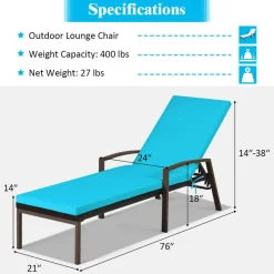 Costway Patio Rattan Lounge Chair Chaise Recliner Back Adjustable w/Cushion Turquoise