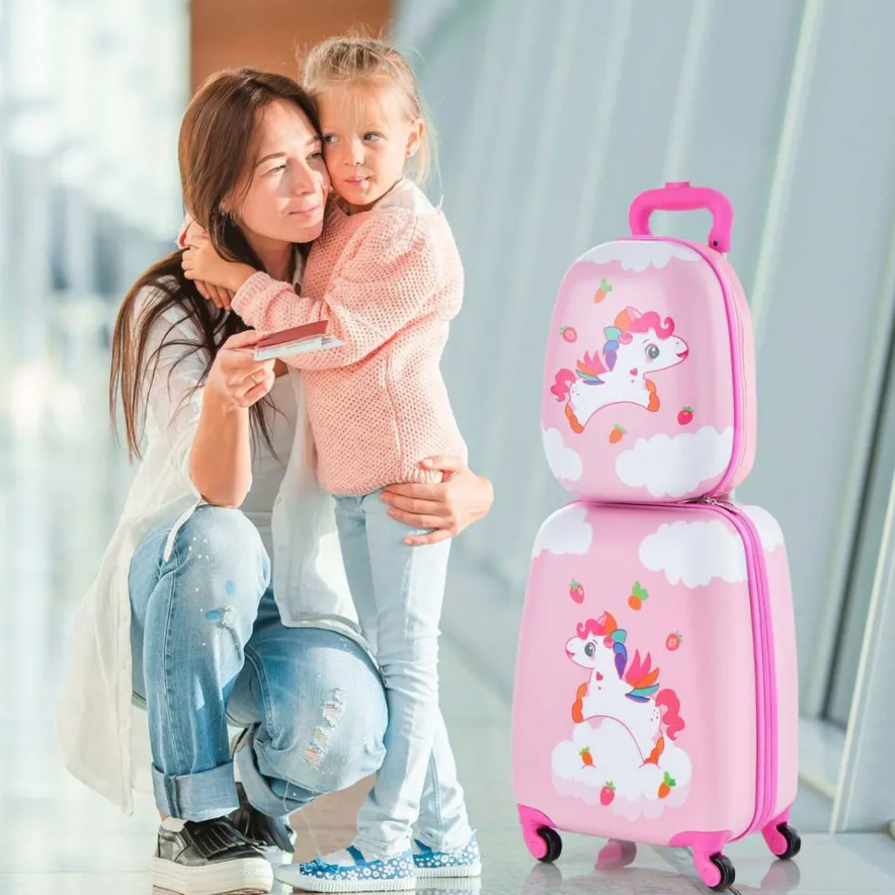 Costway 2PC Kids Carry On Luggage Set 12" Backpack and 16" Rolling Suitcase for Travel