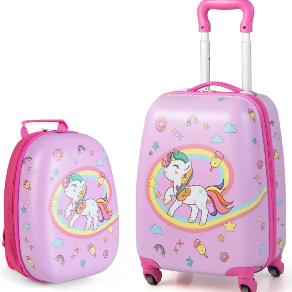 Costway 2PC Kids Carry On Luggage Set 12" Backpack and 16" Rolling Suitcase for Travel