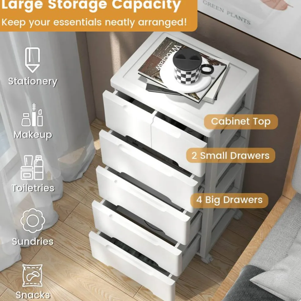 Costway 1/2 PCS 6-Drawer Plastic Rolling Storage Cart with 4 Universal Wheels Dresser Cabinet