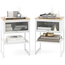 Costway 1/2 PCS Home Nightstand 3-Tier Storage Table with Open Shelf Heavy-duty Metal Frame