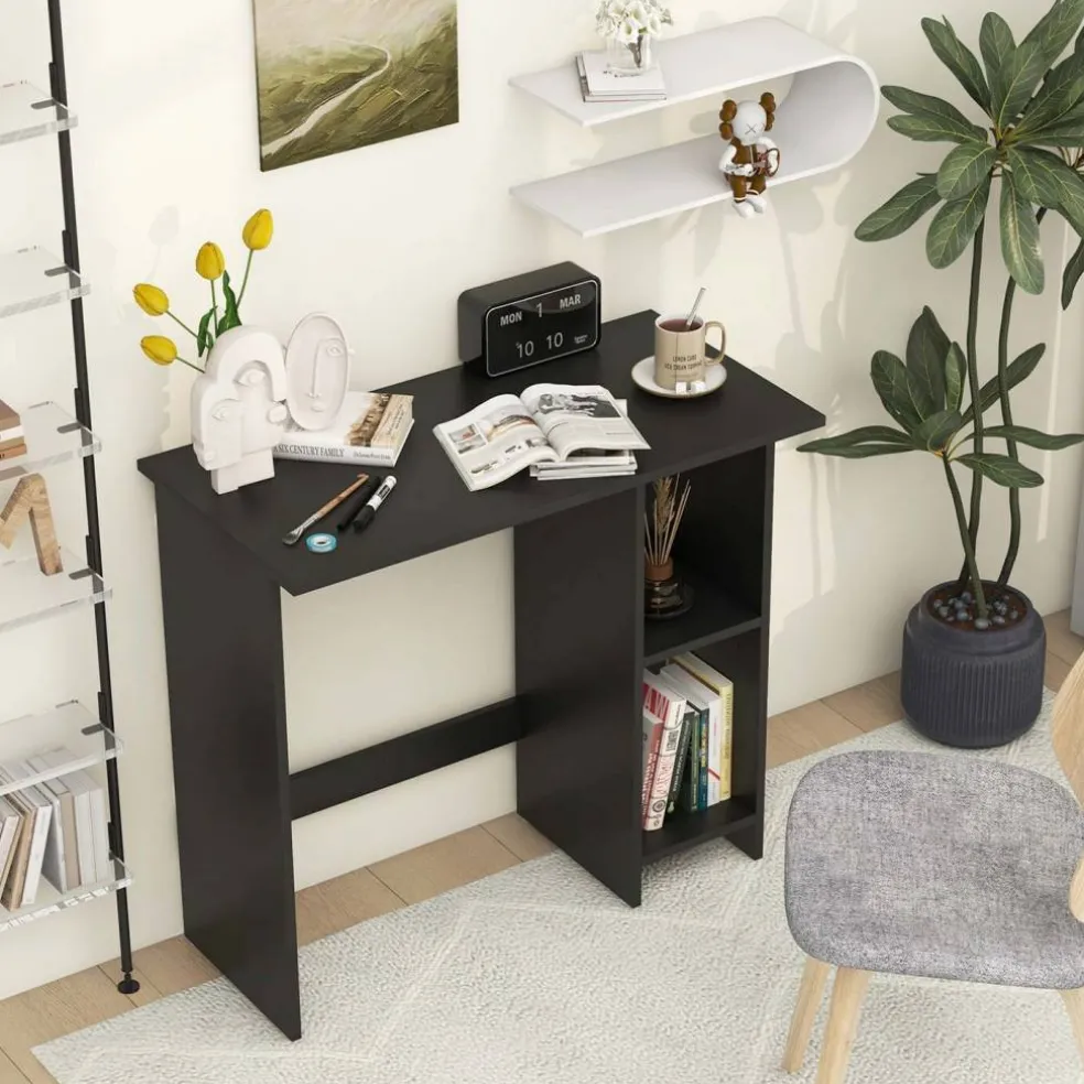 Costway Small Computer Desk with Storage Modern Writing Desk with Adjustable Shelf White/Black