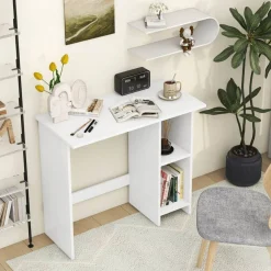 Costway Small Computer Desk with Storage Modern Writing Desk with Adjustable Shelf White/Black