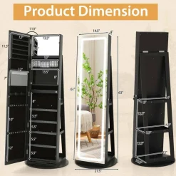 Costway 360° Swivel Jewelry Cabinet with LED Lights, Full-Length Mirror & Makeup Mirror Gray/Pink