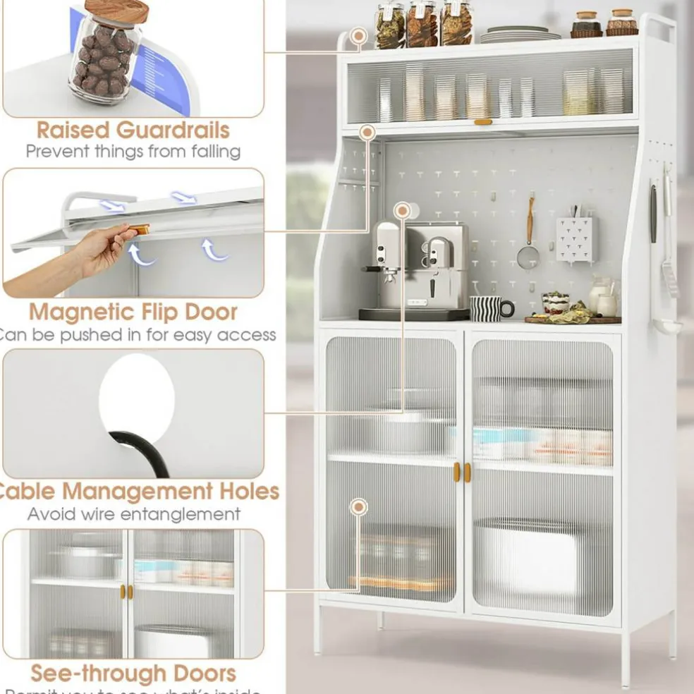 Costway 5-tier Metal Kitchen Bakers Rack with Pegboard 8 Hooks 5-position Adjustable Shelf White