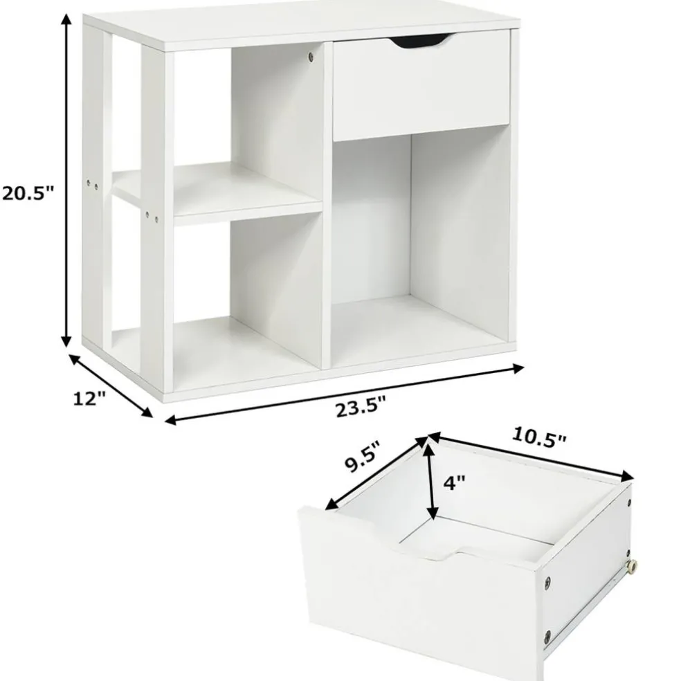 Costway 3-tier Side Table W/Storage Shelf&Drawer Space-saving Nightstand White