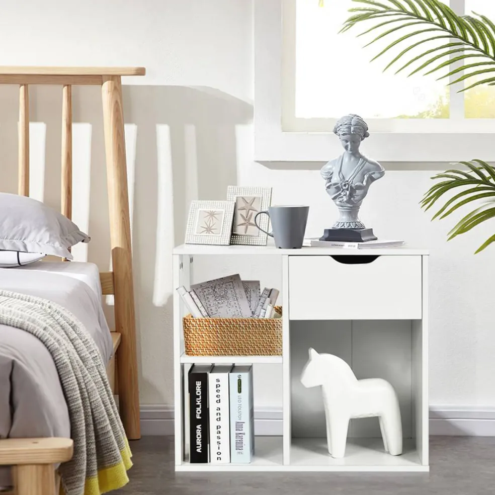 Costway 3-tier Side Table W/Storage Shelf&Drawer Space-saving Nightstand White