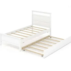 Costway Twin Size Platform Bed with Trundle Pull-out Trundle Headboard & Footboard Gray/White