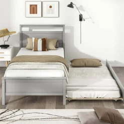 Costway Twin Size Platform Bed with Trundle Pull-out Trundle Headboard & Footboard Gray/White