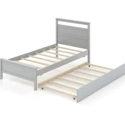 Costway Twin Size Platform Bed with Trundle Pull-out Trundle Headboard & Footboard Gray/White